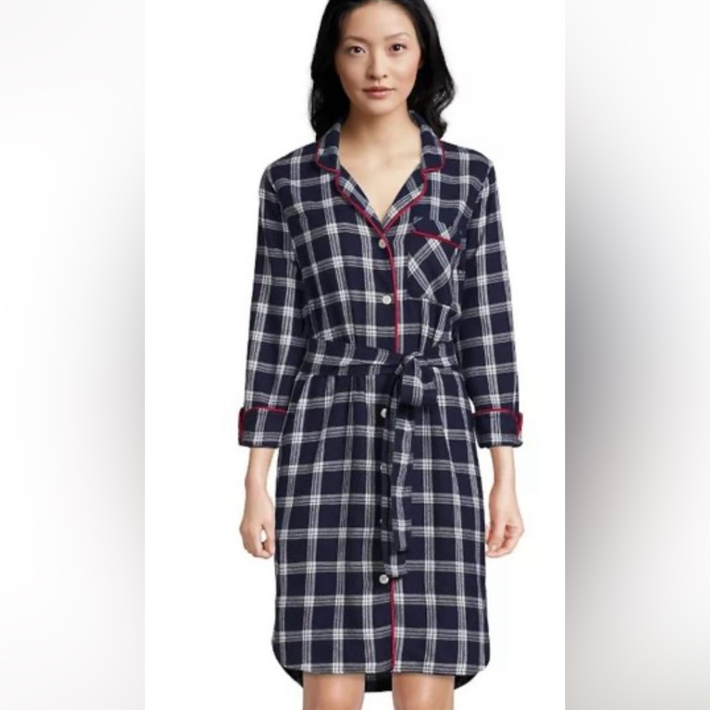 Lands End plaid flannel pj dress medium 10/12 navy blue red white velvet piping